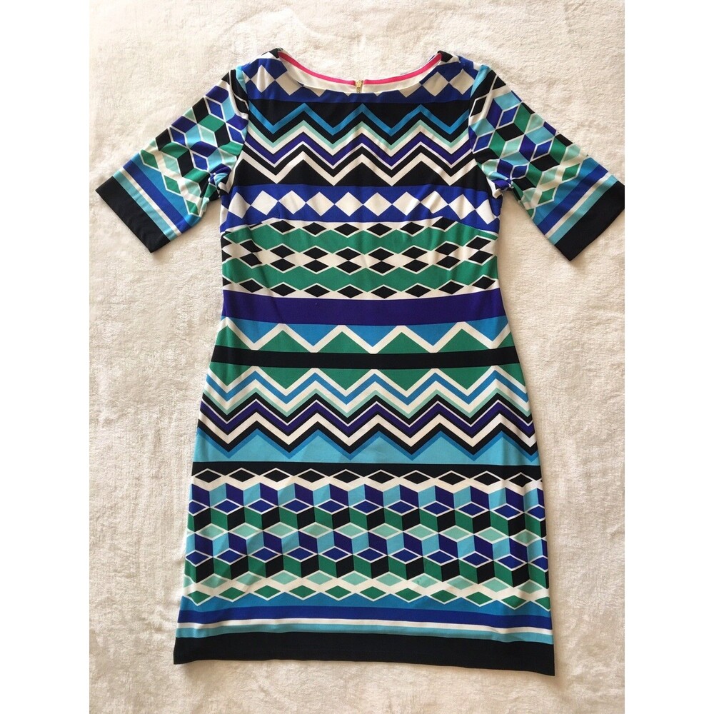 Eliza J Geometric Print Black/greens/blues Lined Dress Back Zip Back SZ 4P
